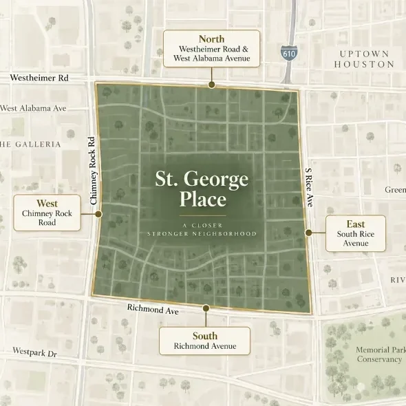 Map of St. George Place. Boundaries are listed in text alongside.